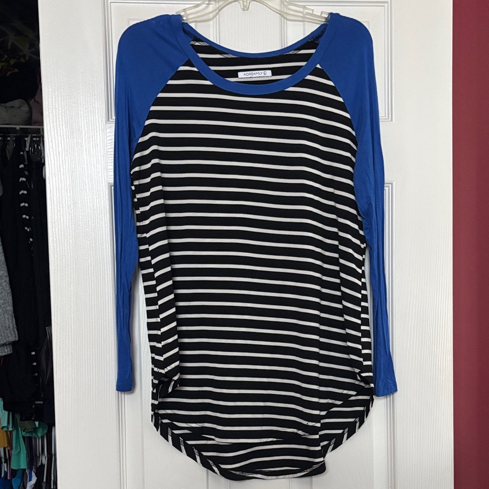 Adreamly Women's Long Sleeve Top - Blue and Black Striped size large